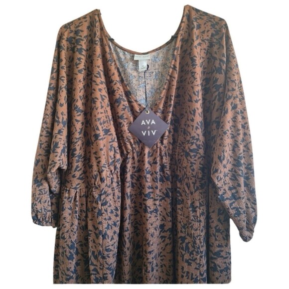Ava & Viv Geometric Brown Black Balloon Sleeve V-Neck Midi Dress Women’s Size 1X - Picture 2 of 5